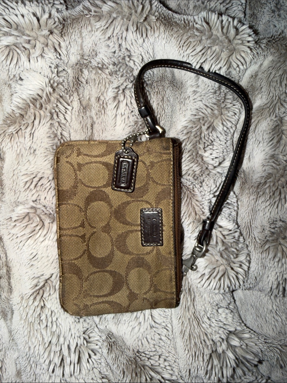 Coach Brown/Tan Signature Canvas Wristlet with Dark Brown Strap